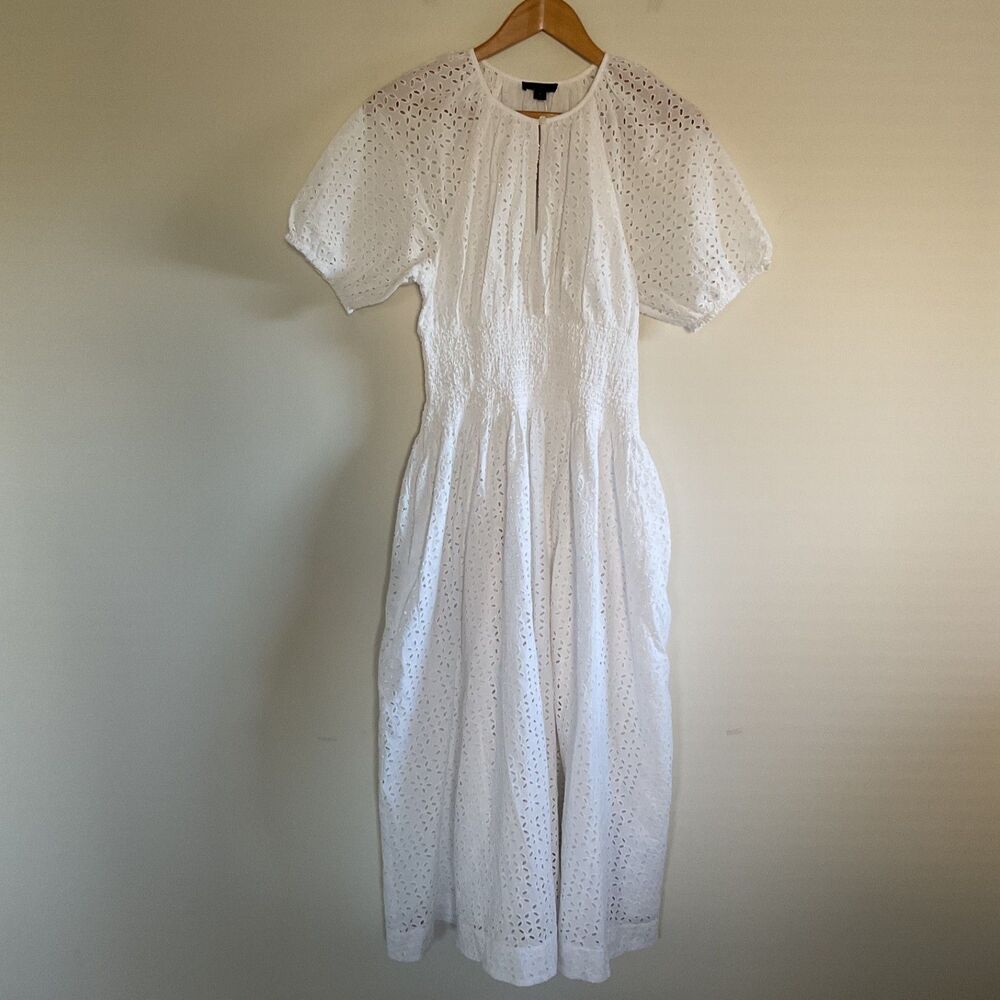 J. Crew White Smocked-Waist Midi Dress in Eyelet S Puff Sleeves Wedding Coastal